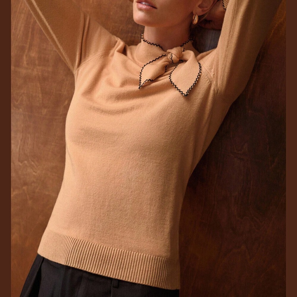 Camel Knit Contrast Stitch Tie Neck Slim Fit Sweater